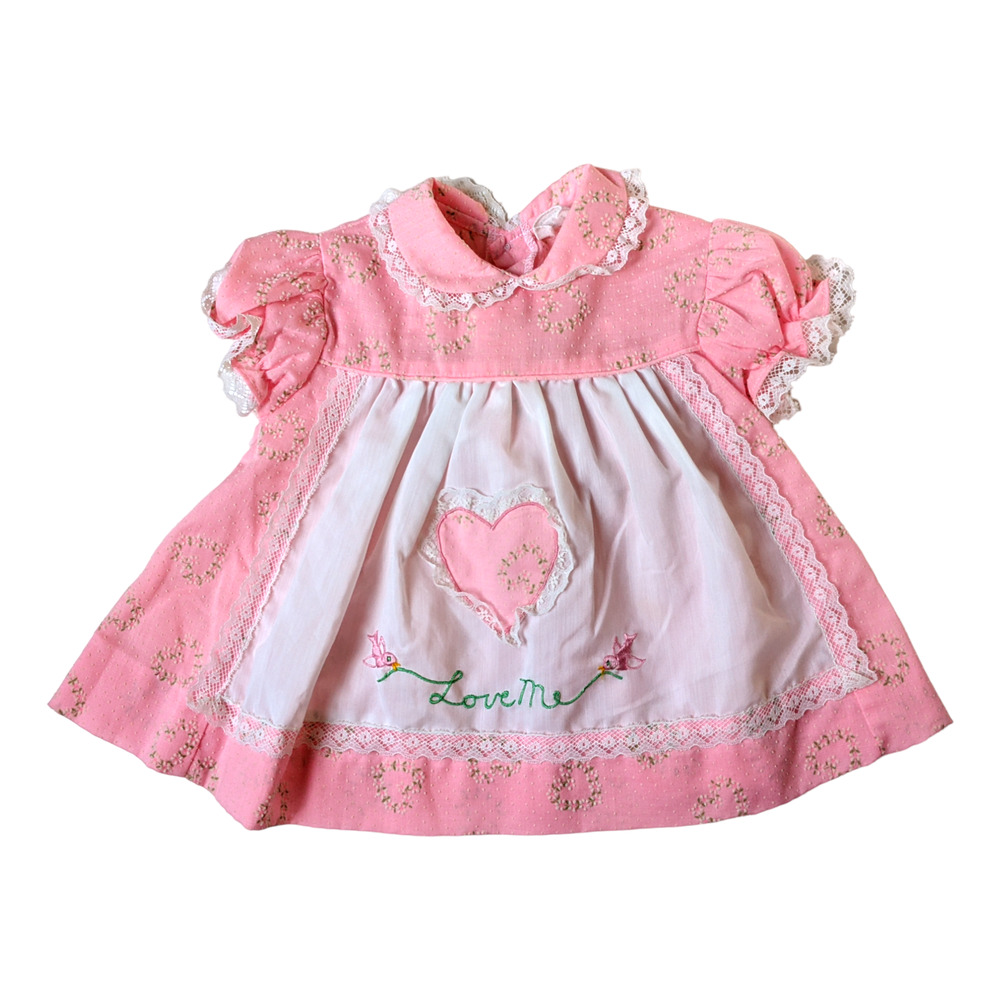 Vintage 60s 70s Baby Girl's Pink Flocked‎ Floral Hearts Pinafore Dress "Love Me"